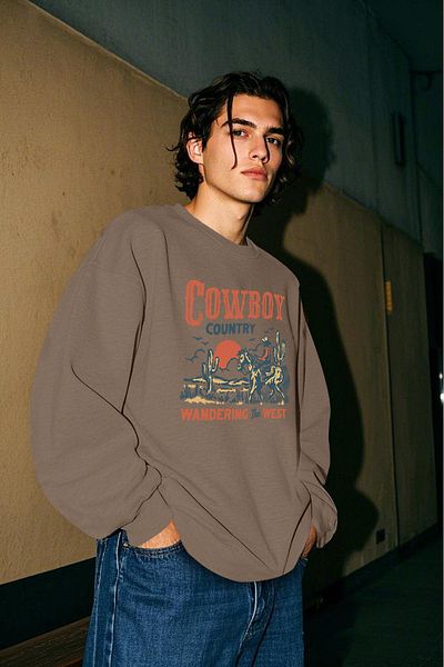 Vatkalimon Φούτερ με στάμπα Cowboy καφέ Unisex με χοντρό φλις εσωτερικά