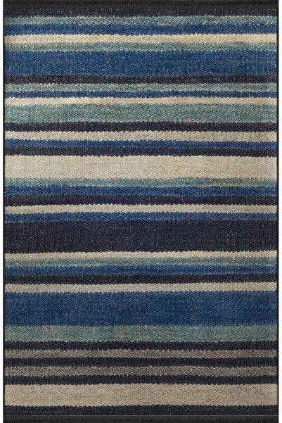 Rugs Modern Halı Mavi Temalı Şerit Çizgi Desenli Saçaklı Modern Dekoratif Hal...
