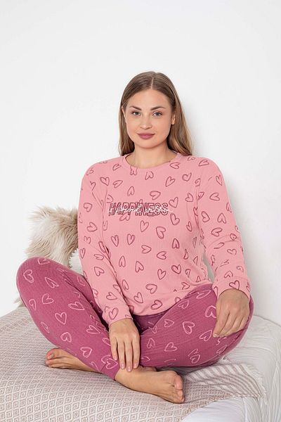 GUAVA+ Pink Heart Patterned Thermal Large Sleeve Women's Long Sleeve Pjamas Suit