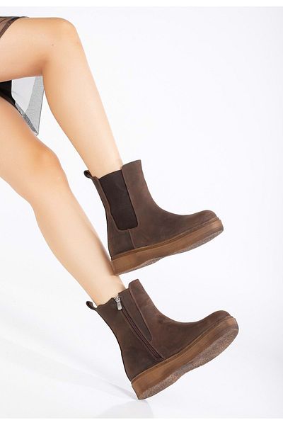 ANALİN SHOES Дамски ботуши с дебела подметка от еластична кожа Crazy Leather - кафяви