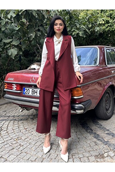 KÜÇÜĞÜM BUTİK Bordo Renk Yün Efekt Yelek ve Pantolon 2'li Takım