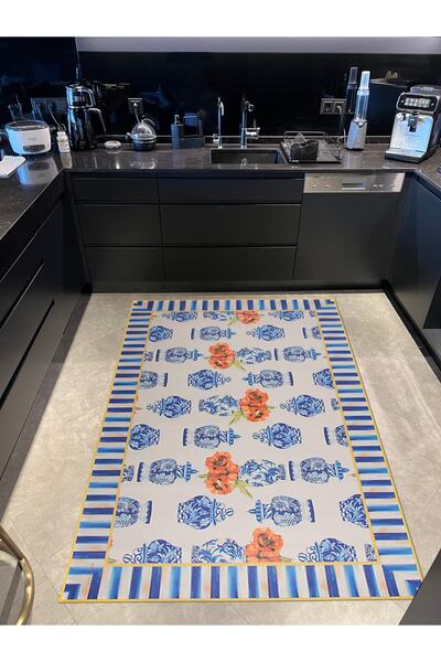 Rugs Modern Halı Berlin Mavi Beyaz Çizgili Vazo Blue Blanc Temalı Dokuma Taba...