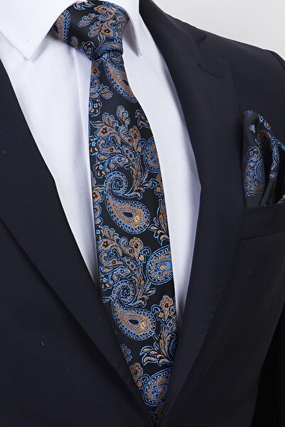 Esgue Χειροποίητη γραβάτα 7,5 cm Κίτρινο-Μπλε & Μαύρο μοτίβο σταγόνας με μαντήλι