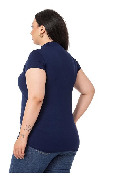 DISENTIS MODEST Large Size Half Fisherman Short Sleeve Viscose Navy Blue Body