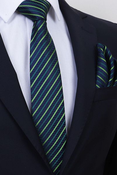 Esgue Handmade 7.5 cm Green Navy Blue Striped Pattern Handkerchief Tie