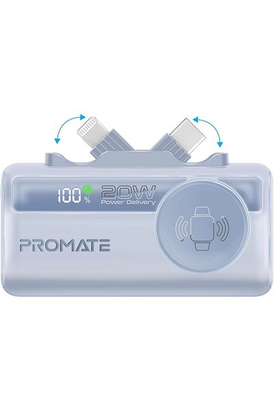 Promate 3 in 1 Mini Power Bank, 5000mAh with 20W USB-C™ In/Out Foldable Connector, 12W Lightning F