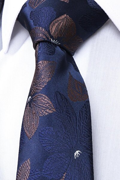 Esgue Χειροποίητη γραβάτα 7,5 εκ. Καφέ Navy Blue με μοτίβο λουλουδιών