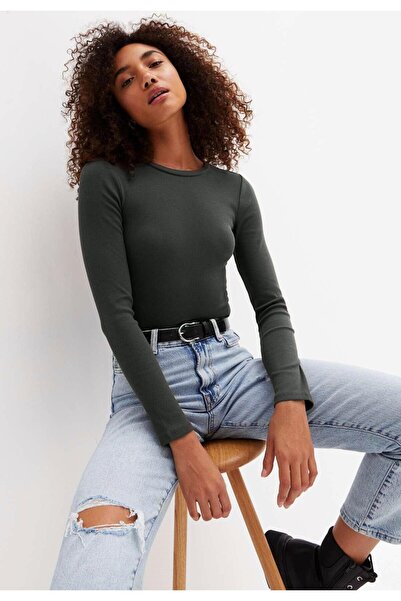 Rooted بلوزة نسائية بأكمام طويلة وياقة دائرية من أنثراسيت، بلوزة قطنية