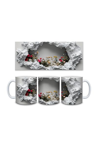 Evion 3D Porcelain Mug with Roses in the Wall - Gift Mug - Printed Mug