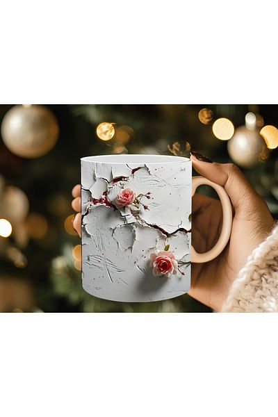 Evion 3D Porcelain Mug with Roses in the Wall - Gift Mug - Printed Mug