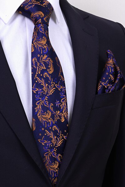 Esgue Handmade 7.5 cm Dark Blue Tile Leaf Pattern Handkerchief Tie