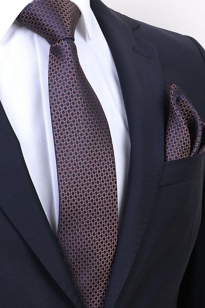 Esgue Handmade 7.5 cm Brown Navy Blue Handkerchief Tie