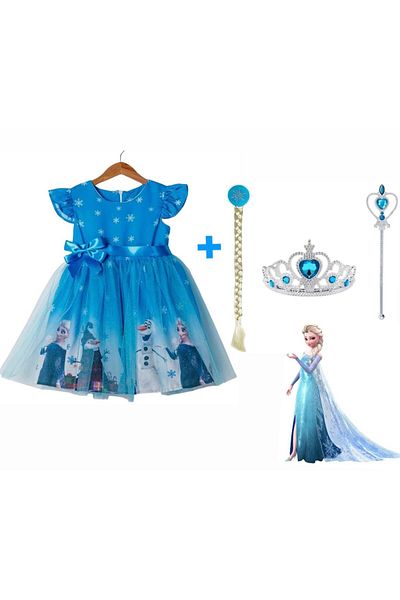 aden kids Costum Albastru Printesa Elsa - Rochie De Zi De nastere si petrecere cu tematica Frozen pentru copii