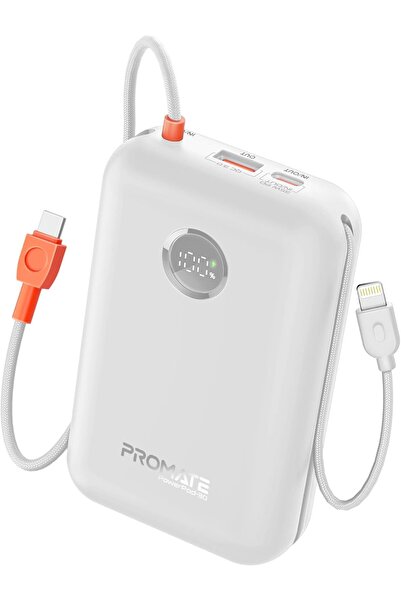 Promate PowerPod-30 30000mAh Power Bank with Built-in USB-C (PD35W) and Lightning (27W) - White