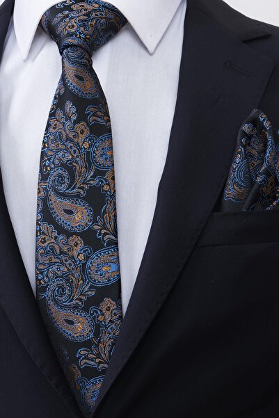 Esgue Χειροποίητη γραβάτα 7,5 cm Κίτρινο-Μπλε & Μαύρο μοτίβο σταγόνας με μαντήλι