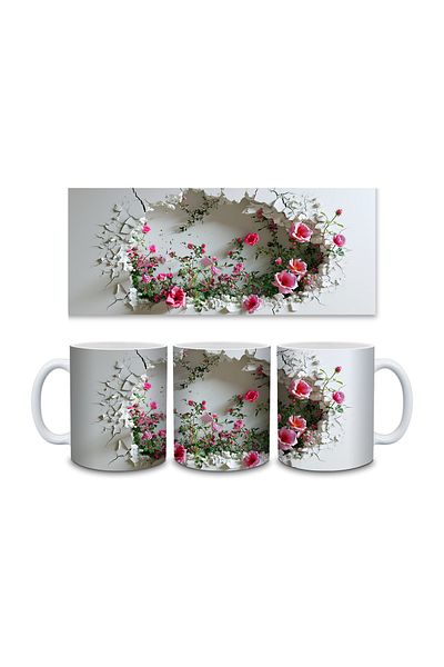 Evion 3D Porcelain Mug with Roses in the Wall - Gift Mug - Printed Mug