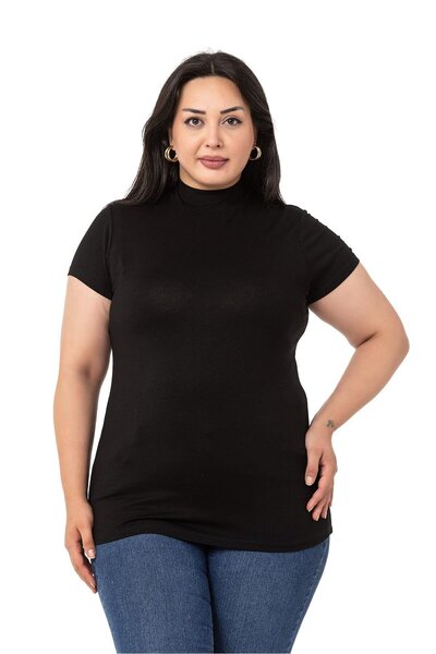 DISENTIS MODEST Large Size Half Fisherman Short Sleeve Viscose Black Body