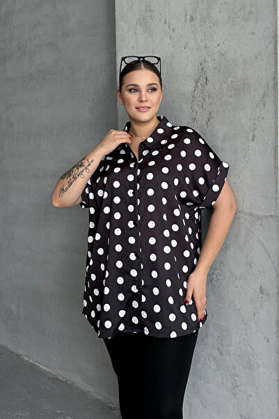 Stil Diva Plus Size Button Front Short Sleeve Polka Dot Print Shirt 303460