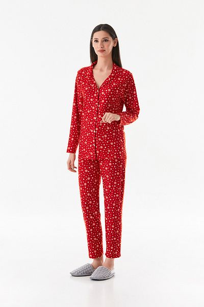 Fulla Moda Set pijamale din piele intoarsa - imprimeu cu fulgi de nea, guler camasa