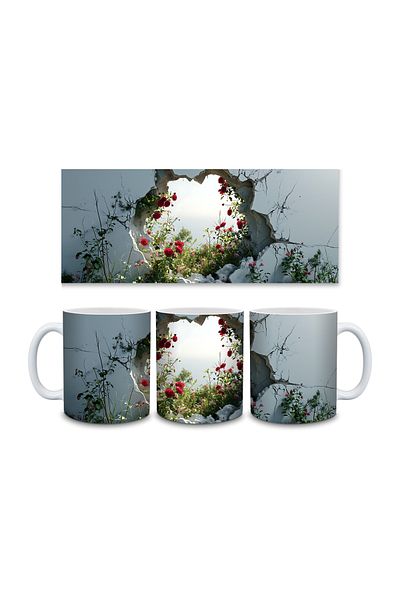 Evion 3D Porcelain Mug with Roses in the Wall - Gift Mug - Printed Mug