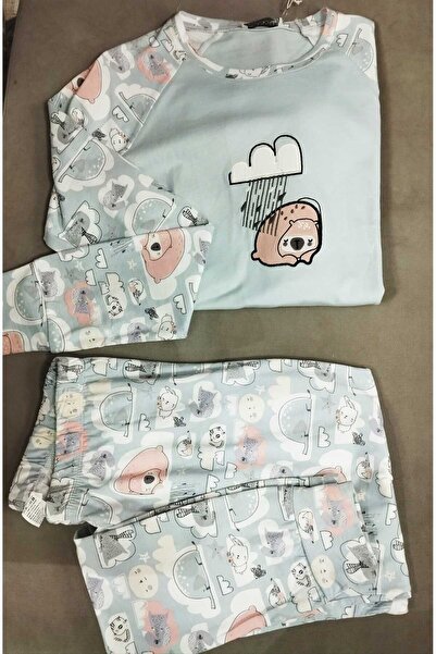 Pijadore kolları ve paçası lastikli pamuklu pijama takımı