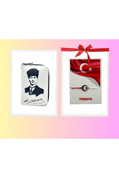 sinbEsg Ataturk Visual Moon and Star Bracelet - Children's and Teenagers' Wallet with Zipper and Coin Compartment Card Holder