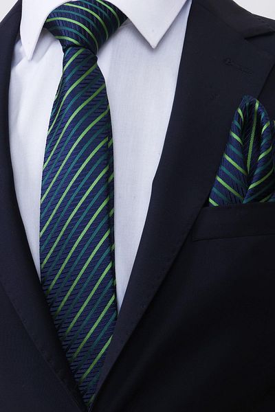 Esgue Handmade 7.5 cm Green Navy Blue Striped Pattern Handkerchief Tie