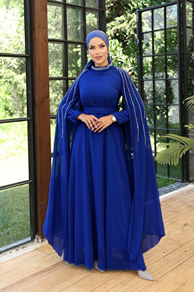 hakimoda فستان سهرة لارين شيفون ساكس باللون الأزرق