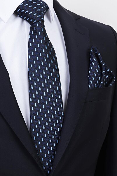 Esgue Hand Made 7.5 cm Drop Pattern Blue Black Handkerchief Tie