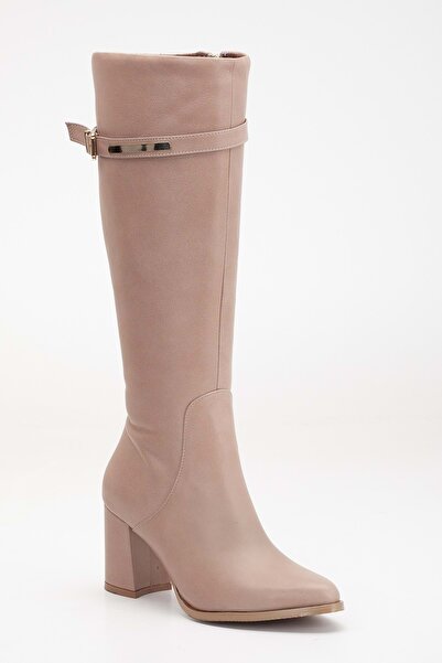 ANALİN SHOES Genuine Leather Women's Heeled Boots - Gold Buckle Detailed, Stone Color