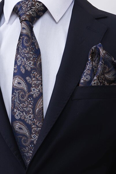 Esgue Χειροποίητη γραβάτα 7,5 εκ. Μπεζ Navy Blue με μοτίβο σταγόνας