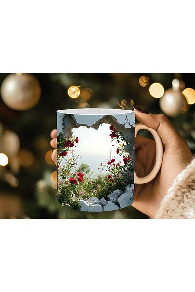 Evion 3D Porcelain Mug with Roses in the Wall - Gift Mug - Printed Mug