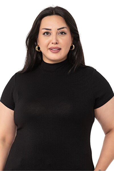 DISENTIS MODEST Large Size Half Fisherman Short Sleeve Viscose Black Body