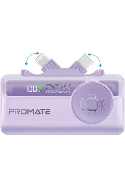 Promate 3 in 1 Mini Power Bank, 5000mAh with 20W USB-C™ In/Out Foldable Connector, 12W Lightning F