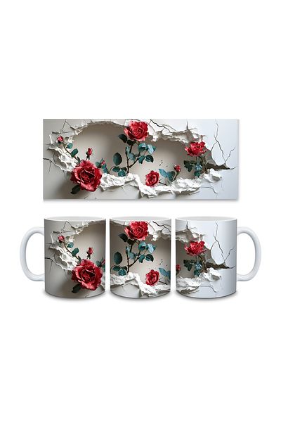 Evion 3D Porcelain Mug with Roses in the Wall - Gift Mug - Printed Mug