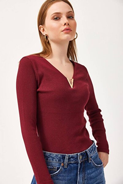 nura Kadın Kırmızı Yaka Detaylı Bluz Fitilli Kumaş