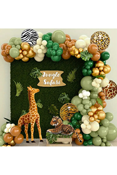 Çemrek Süs Parti Orman Safari Temalı Doğum Günü Konsepti Gold Krom ve Yeşil B...