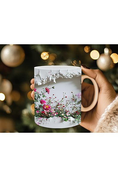Evion 3D Porcelain Mug with Roses in the Wall - Gift Mug - Printed Mug
