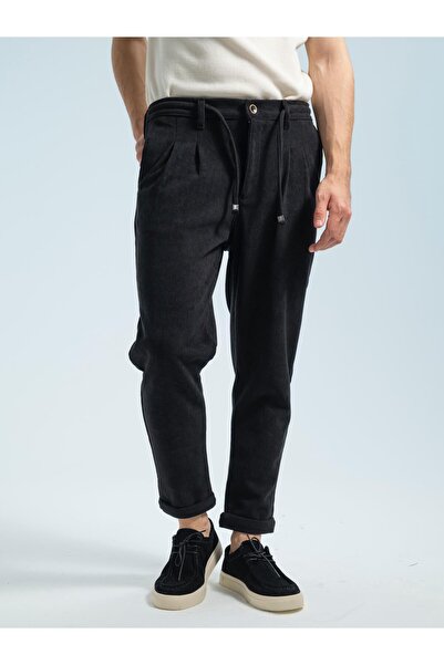ribana Erkek Kadife Boyfriend Pantolon , Slim Fit Rahat Kesim Beli Bağlamalı Yan Cepli Jogger Pantolon
