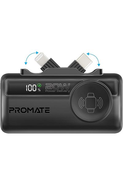 Promate 3 in 1 Mini Power Bank, 5000mAh with 20W USB-C™ In/Out Foldable Connector, 12W Lightning F