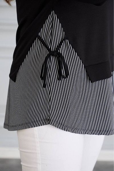 FOR ESRA BIG TREND Women's Plus Size Bottom Striped Parted Side Lacing 2 Thread Long Sleeve Stretchy Blouse