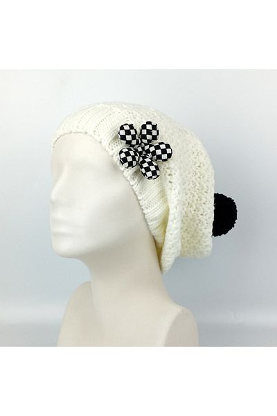 woodycord Long Knitwear Beret - Cream - Black White Flower - Black Pompom