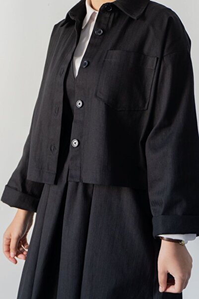 hrmonny Siyah Oversize Kısa Kadın Crop Ceket Görünümlü Gömlek