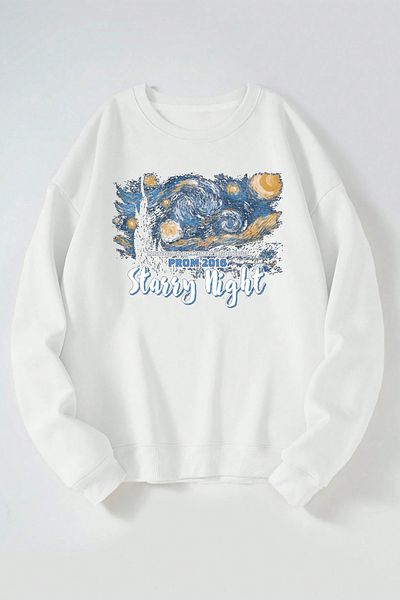 THEWERT Starry Night Printed Women/Men White Crew Neck Cotton Sweatshirt