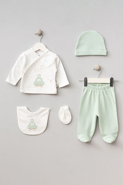 Bebitof Cloudy Car Patterned 5 Piece Newborn Hospital Discharge Bodysuit Set