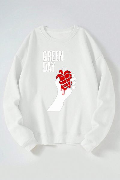 THEWERT Hanorac alb din bumbac cu decolteu rotund pentru femei/bărbați cu imprimeu Green Day