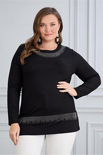 FOR ESRA BIG TREND Γυναικεία μπλούζα με μακρύ μανίκι από βισκόζη με μοτίβο πέτρας στο πάτο της φούστας με σχισμή στο πλάι