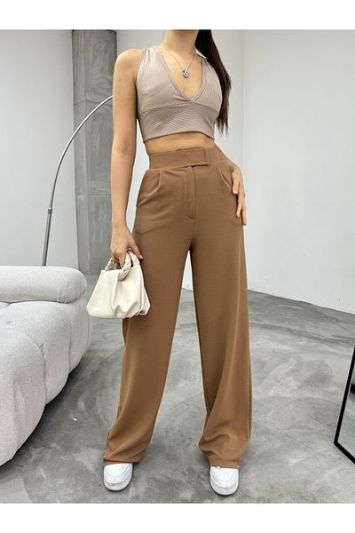 BİKELİFE Hellbraune Palazzo-Hose mit weitem Bein und Klettverschluss aus Lycra für Damen