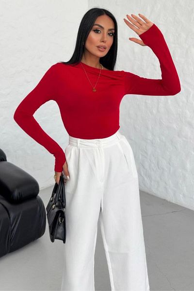 ZISHAN Sandy Fabric Finger Detailed Boat Neck Long Sleeve Women's Blouse 060