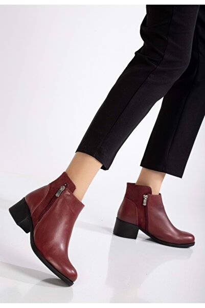 ANALİN SHOES Kadın Hakiki Deri Nubuk Detaylı Kısa Topuklu Bilek Bot - Bordo